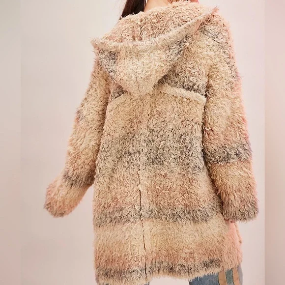 Free People Fuzzy Tan Cardigan Wool Blend Autumn Beau Cardi XS - S with hoodie - Picture 2 of 9